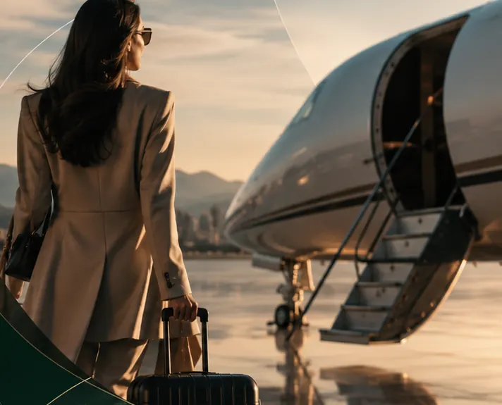 Mulher de costas, com mala de viagem, caminhando até a escada de um avião ao pôr do sol